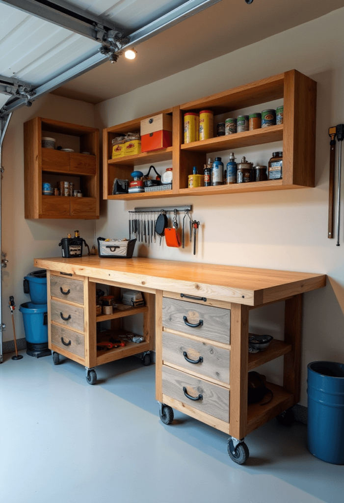 A versatile garage workshop featuring a foldable workbench and collapsible shelves, demonstrating flexibility in the workspace layout.