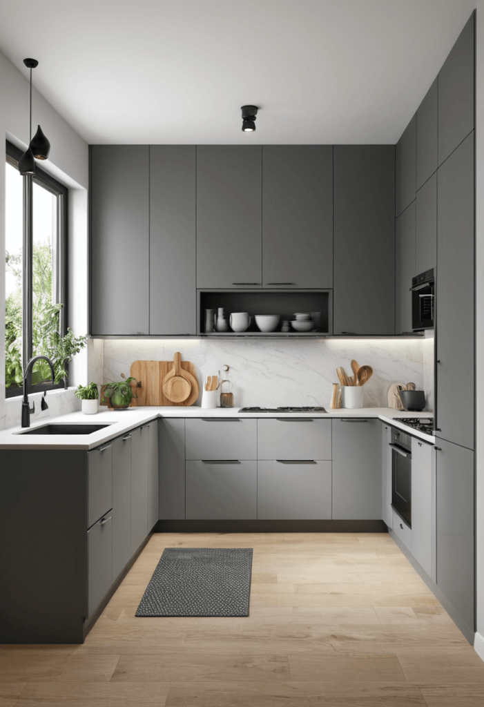 Modern small kitchen decorated with light gray cabinets, white countertops, and space-saving appliances, reflecting a clean contemporary design