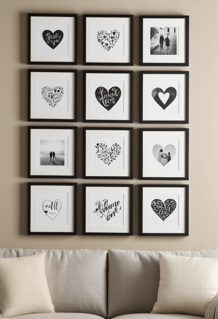 A wall adorned with love-inspired art, including framed prints with romantic quotes, whimsical heart illustrations, and photographs of couples, all highlighted by natural lighting