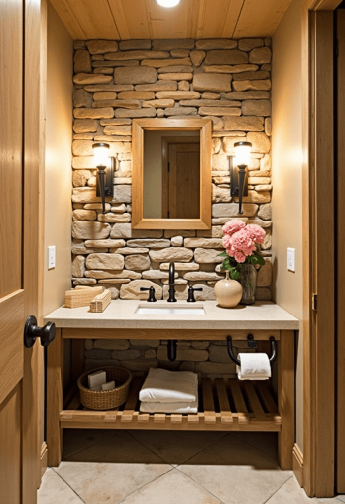 Small cabin bathroom with natural stone elements, showcasing stone tiles on the floor and a stone accent wall behind the sink, complemented by rustic decor.