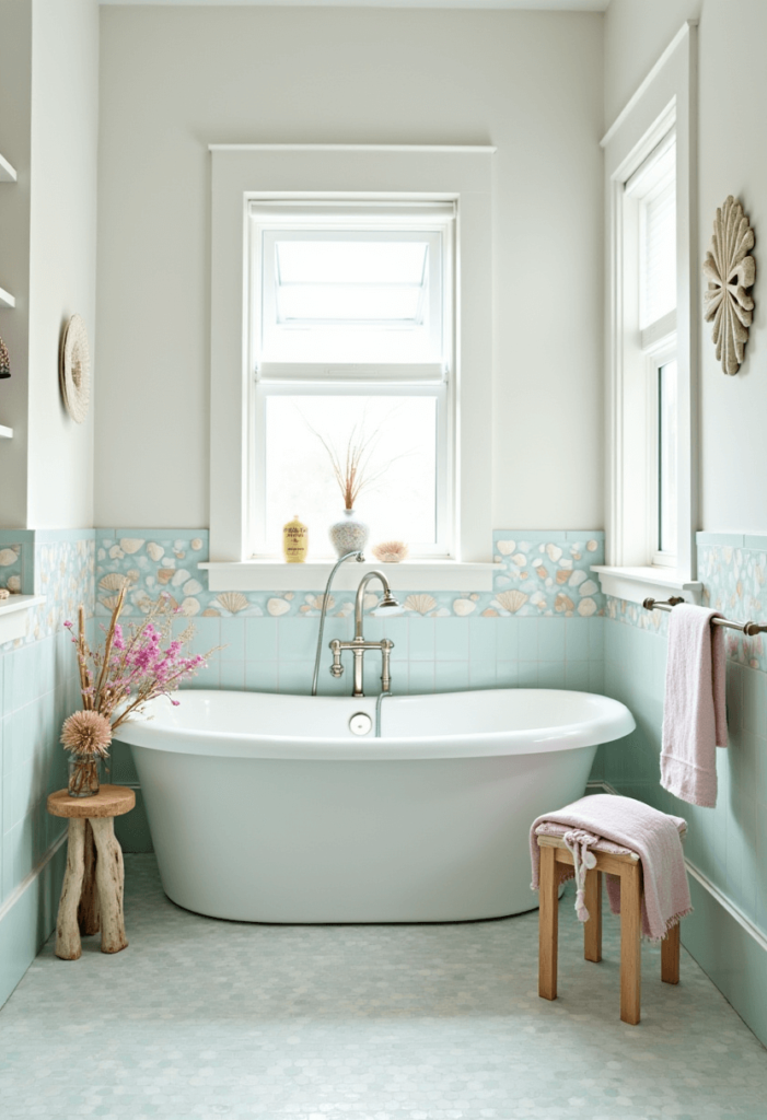 Coastal-inspired bathroom decorated with seashell-patterned tiles and natural decor elements, featuring pastel colors and textures that evoke a refreshing seaside ambiance.