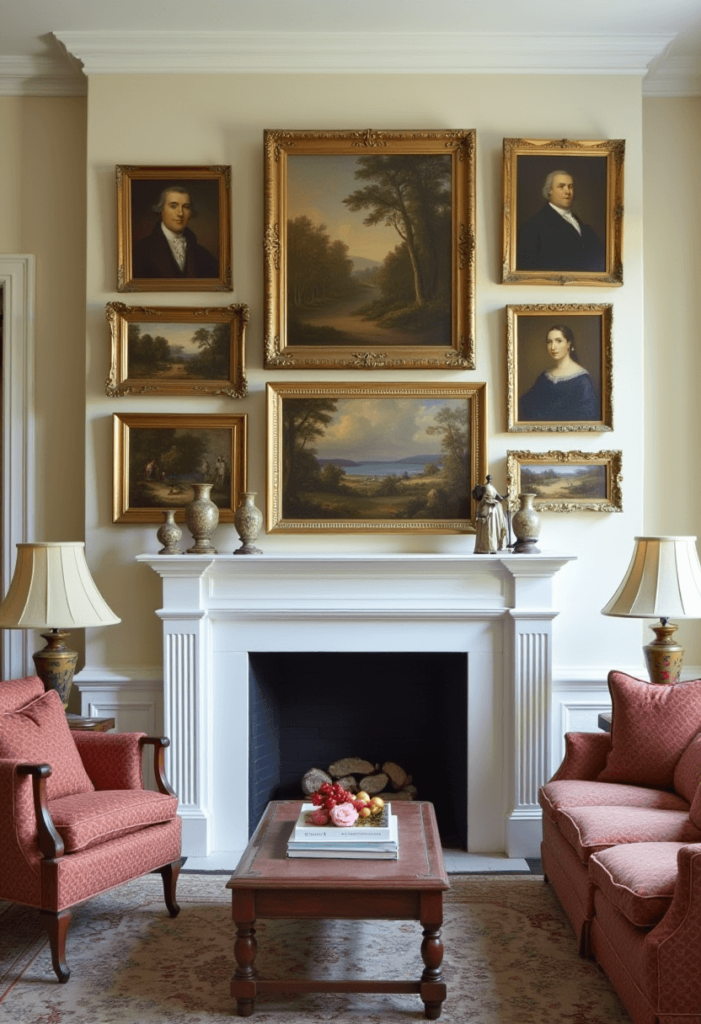 A gallery wall in a Colonial living room displaying a mix of historic artwork in vintage frames, including portraits and landscapes, enhancing the room's charm.