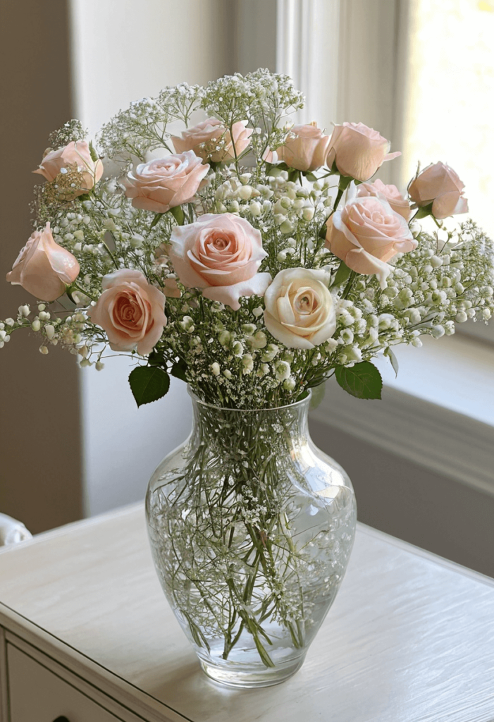 Stunning vintage vase filled with delicate baby’s breath and pastel roses, displayed on a side table with softly filtered natural light.