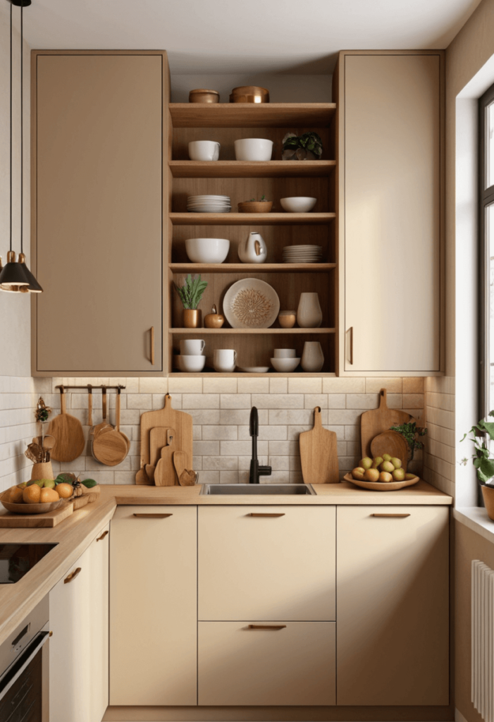 Warm small kitchen featuring earthy beige cabinets, wooden accents, and fresh fruits, creating an inviting and cozy atmosphere.