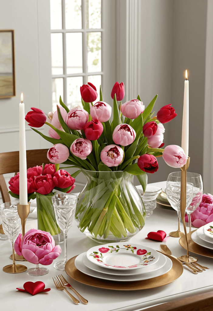 Stunning floral arrangements for Valentine's Day featuring brightly colored bouquets of roses, tulips, and peonies in beautiful vases placed on a dining table and around the home