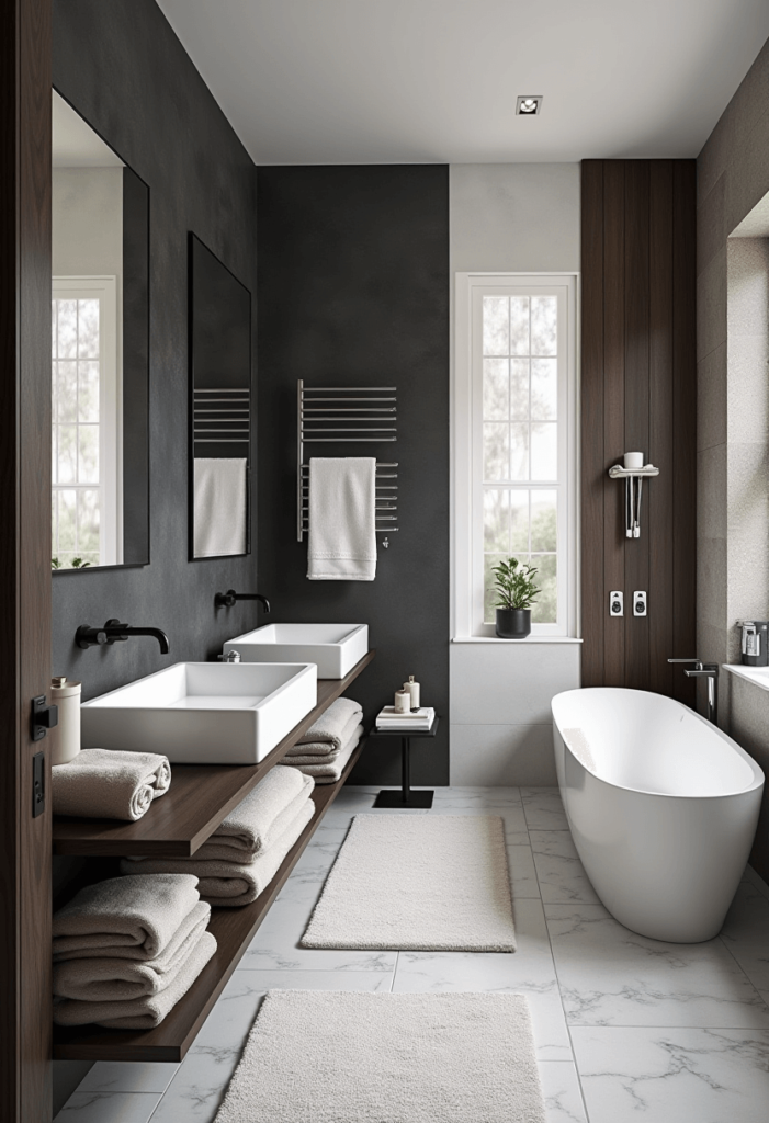 A black and white bathroom showcasing various textures, such as wood accents, stone features, and soft textiles like towels and rugs for a layered design.