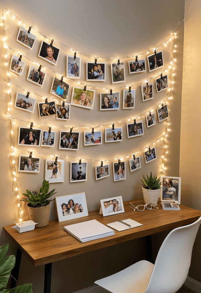 Dorm desk decorated with various framed photos and a string of lights with clips holding cherished memories, adding a personal touch to the workspace.