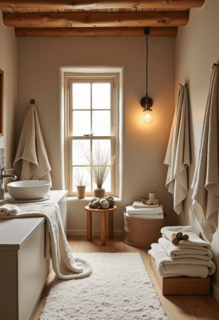 Cozy cabin bathroom adorned with soft textiles, including plush towels and a thick bath mat in warm, neutral colors, creating an inviting atmosphere.