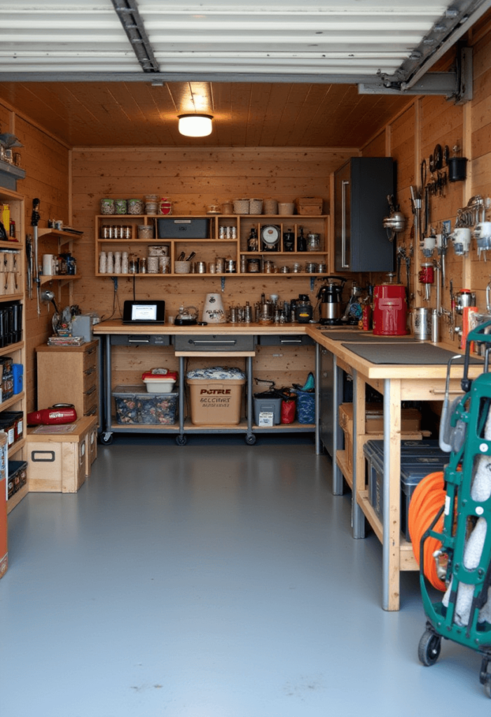 A multi-purpose garage showing a functional workspace with a workbench surrounded by organized storage areas for seasonal items and decorations.