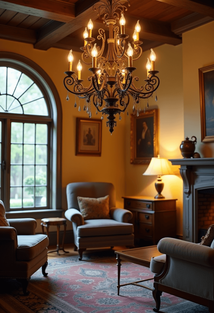 A Colonial living room adorned with a stunning wrought iron chandelier casting a warm glow, complemented by stylish table lamps on side tables.