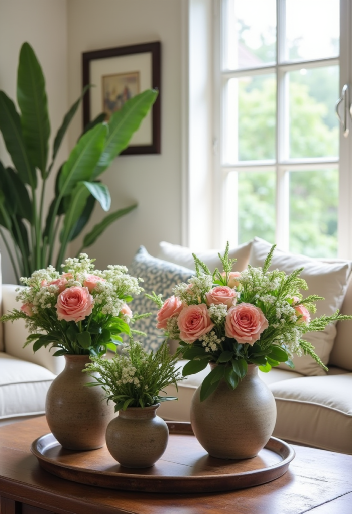 A welcoming Colonial living room enriched with natural elements, featuring potted plants and fresh floral arrangements in rustic vases for a touch of vitality.