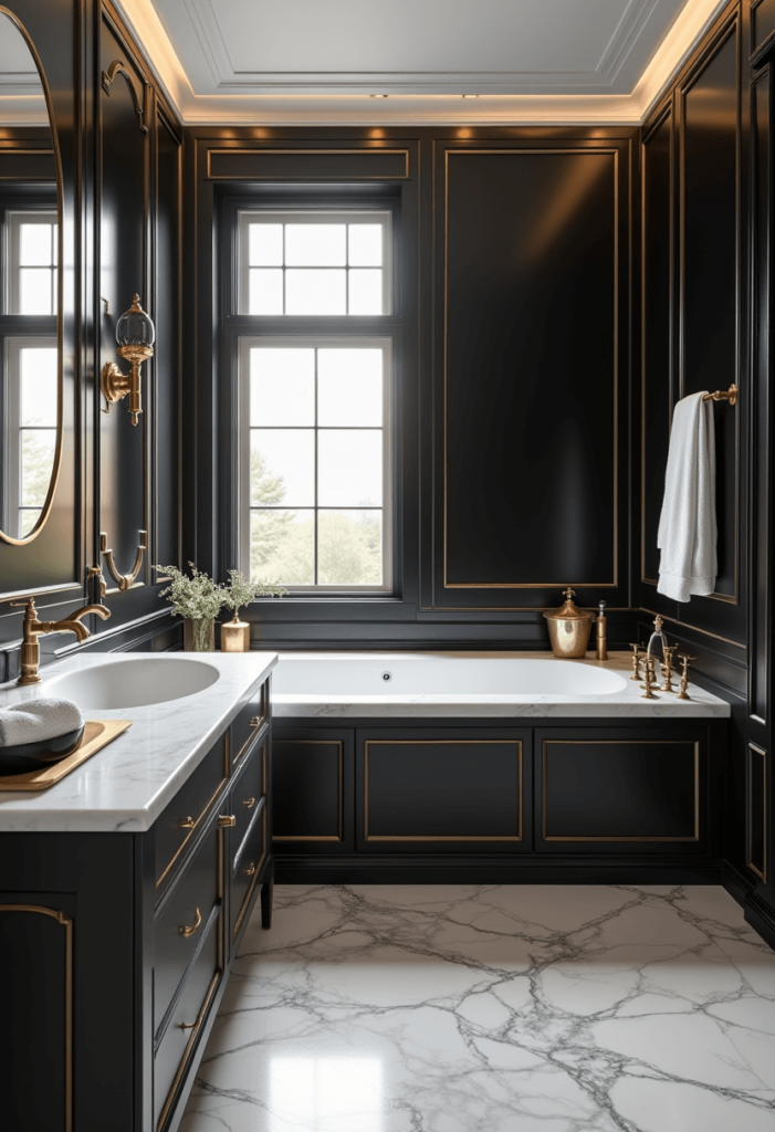 A chic black and white bathroom accented with gold and silver elements, including metallic fixtures and decorative accents that enhance the luxury of the space.