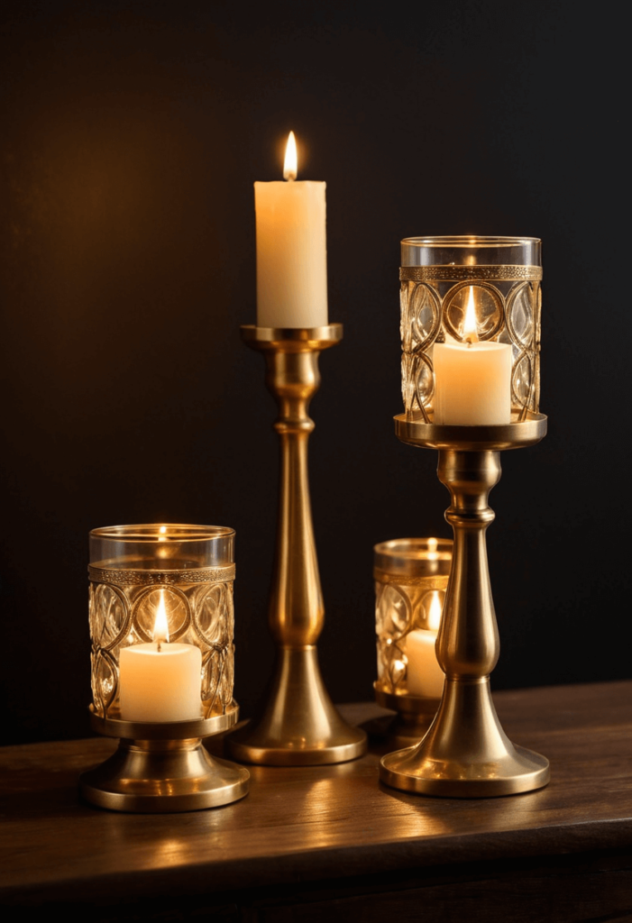 Artistic arrangement of vintage candle holders made of brass and glass, illuminated by flickering candles creating a warm, romantic glow