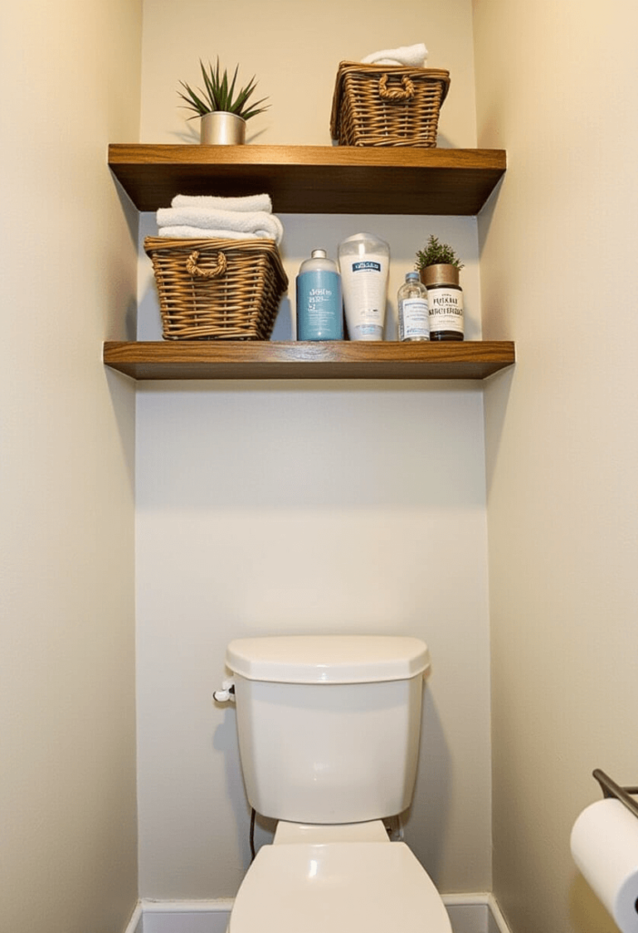 Compact cabin bathroom with functional storage solutions, including over-the-toilet shelving and organized toiletries displayed in rustic wicker baskets.