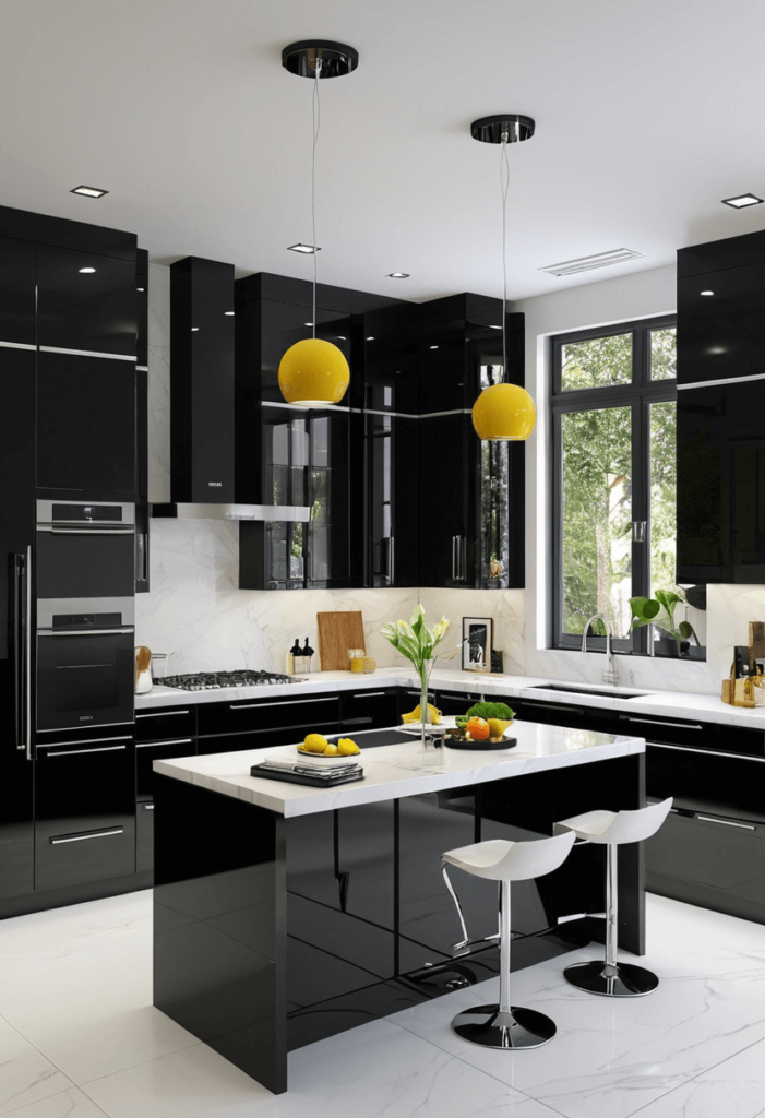 Chic small kitchen with high-gloss black cabinets, light countertops, and colorful accessories, reflecting light for an elegant open feel