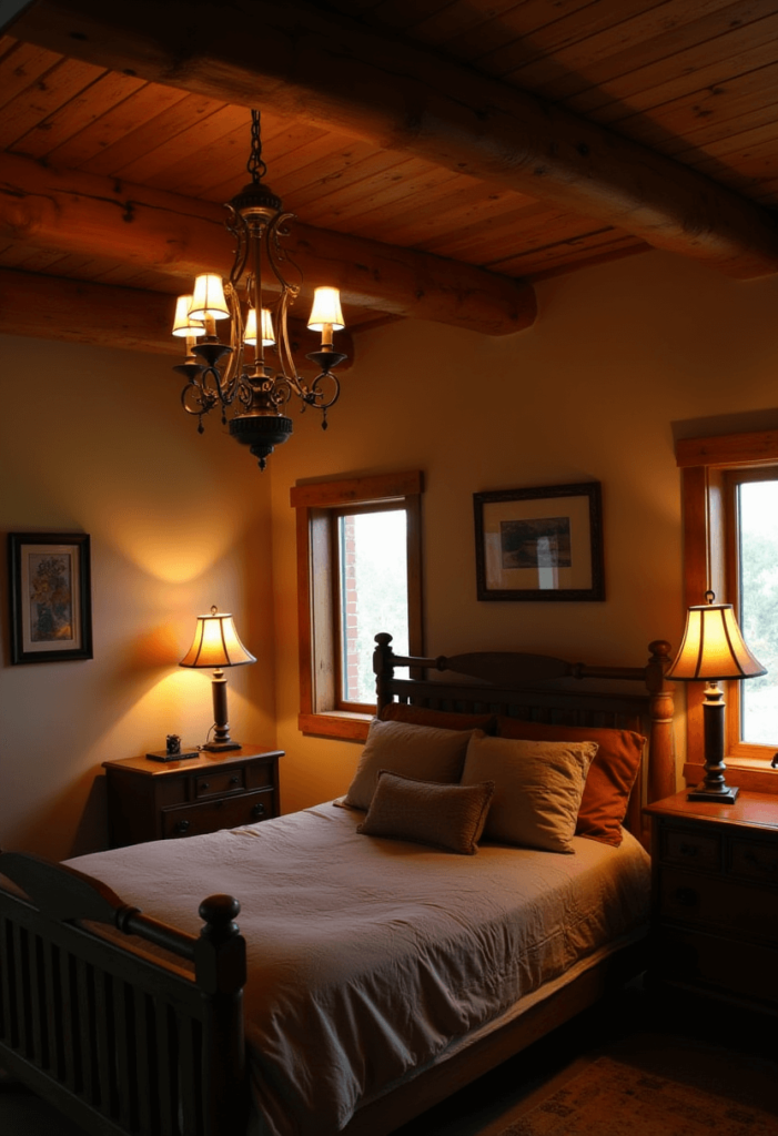 A Western bedroom illuminated by rustic lighting fixtures, such as a wrought iron chandelier and vintage lamps, creating a cozy and inviting glow throughout the space.