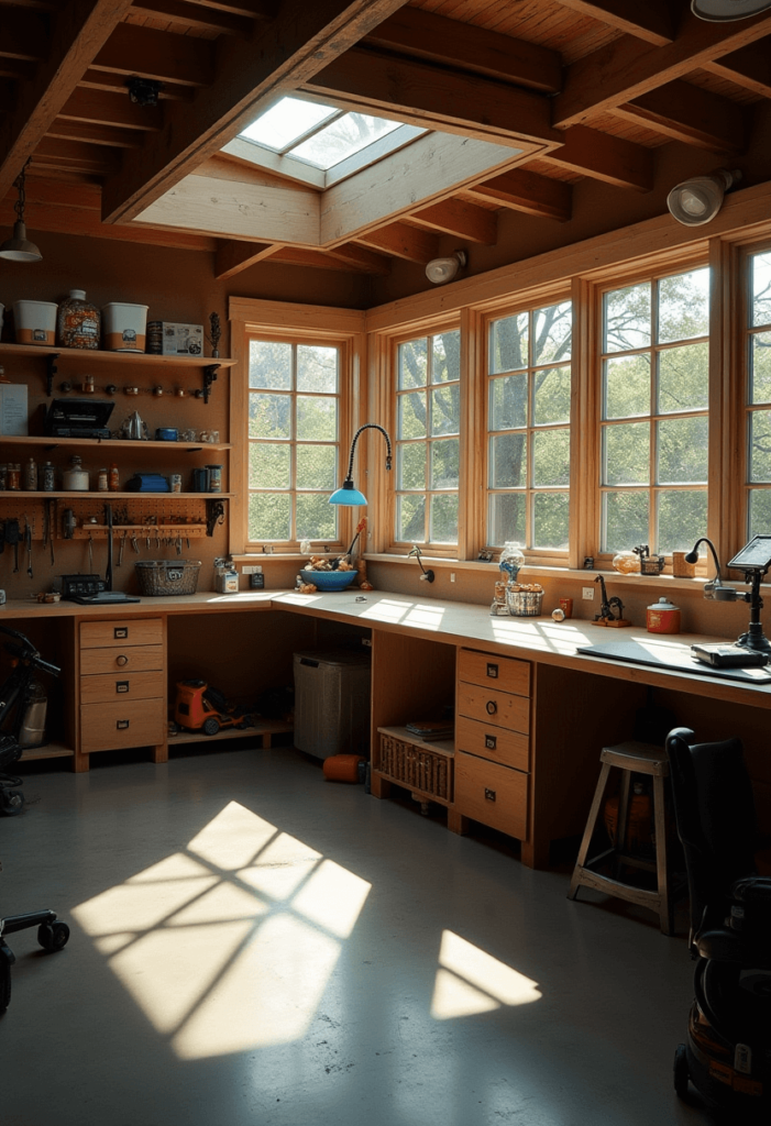 A bright garage workshop illuminated by natural light through large windows and skylights, enhancing the workspace with warm sunlight.