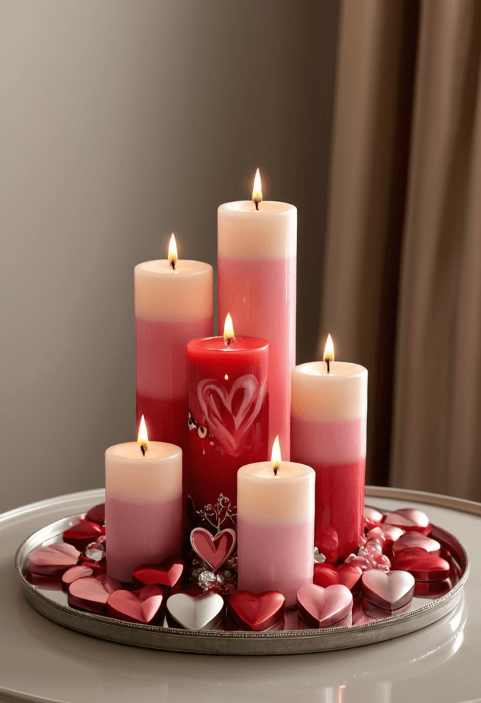 A decorative tray featuring themed candles for Valentine's Day, showcasing heart-shaped candles in pink and red, alongside various heights of candle holders radiating a romantic glow