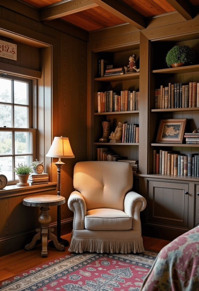 A cozy reading nook within a Western bedroom, featuring a comfortable chair adorned with soft textiles, a side table, and a bookshelf filled with Western-themed literature.