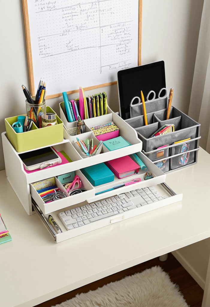 Well-organized dorm desk featuring stylish containers, drawer organizers, and repurposed household items used for holding pens and study supplies.