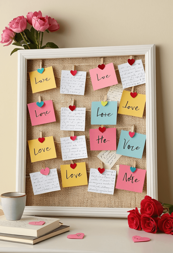 A creative display of DIY love notes scattered among decorative elements such as picture frames and flowers, featuring colorful notes with handwritten messages and heart cutouts.