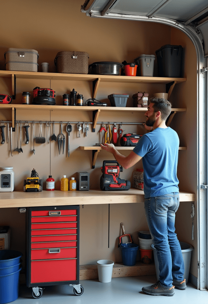 A garage workshop with open shelving displaying neatly arranged tools and supplies, highlighting easy access and organization.