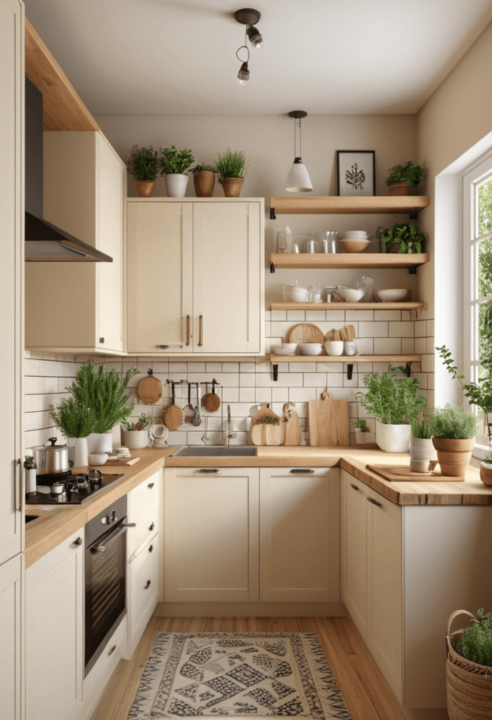 Small kitchen with soft cream cabinets, wooden details, and potted herbs, exuding warmth and a welcoming ambiance