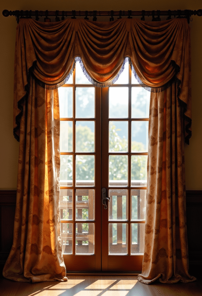 Elegant window treatments in a Colonial living room consisting of heavy drapes in lavish fabrics and wooden blinds, allowing soft light to filter through.