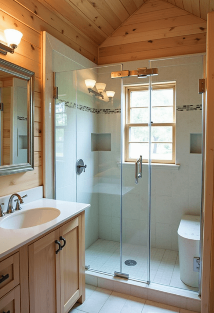 Small cabin bathroom featuring transparent shower doors, showcasing a sleek frameless glass shower that enhances the openness of the space