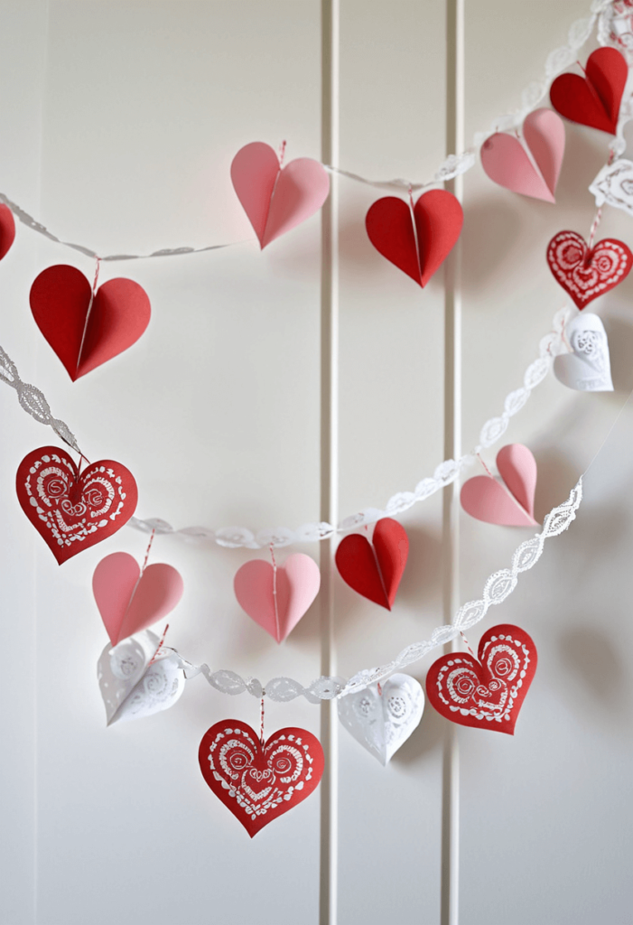 Whimsical garlands made from paper hearts and lace, beautifully hung across a doorway with soft lighting enhancing the festive Valentine's spirit