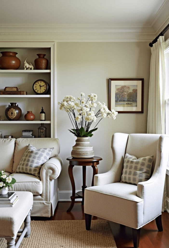 A Colonial living room accessorized with vintage pottery, antique clocks, and charming trinkets thoughtfully arranged on side tables and shelves for added character.