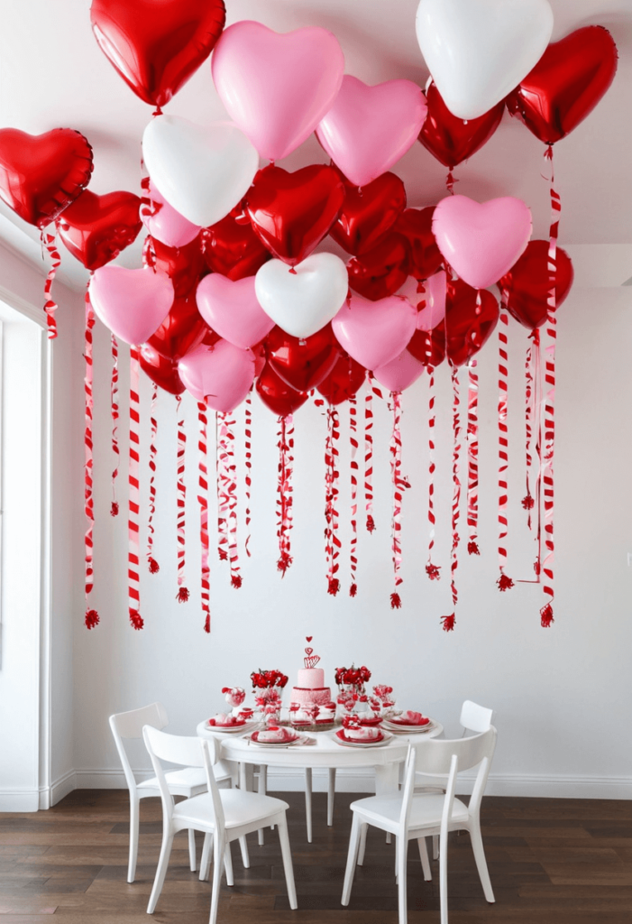 A festive area decorated for Valentine's Day with heart-shaped balloons in red and pink, along with colorful streamers hanging from the ceiling, capturing a lively atmosphere.
