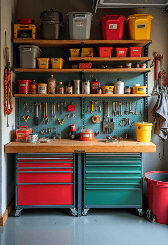 A vibrant garage workspace featuring color-coded storage boxes and tools, showcasing how organization enhances the visual appeal.