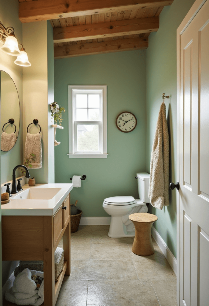 Small cabin bathroom decorated in an earthy color palette, showcasing soft greens, browns, and neutral tones that create a serene atmosphere.