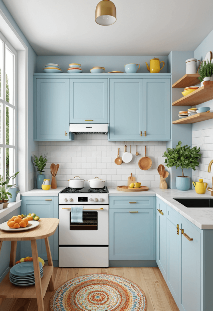 Bright small kitchen showcasing light blue cabinets, white counters, and cheerful decorative elements for a fresh and airy vibe.