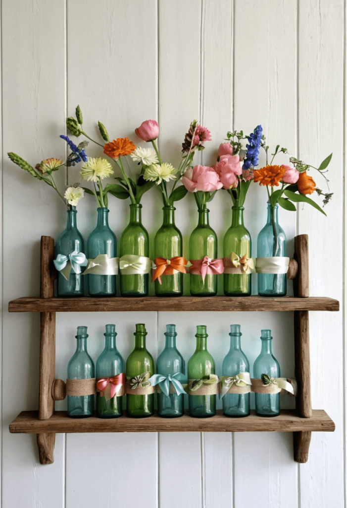 Charming collection of old glass bottles with colorful satin ribbons tied around their necks, displayed on a rustic wooden shelf.