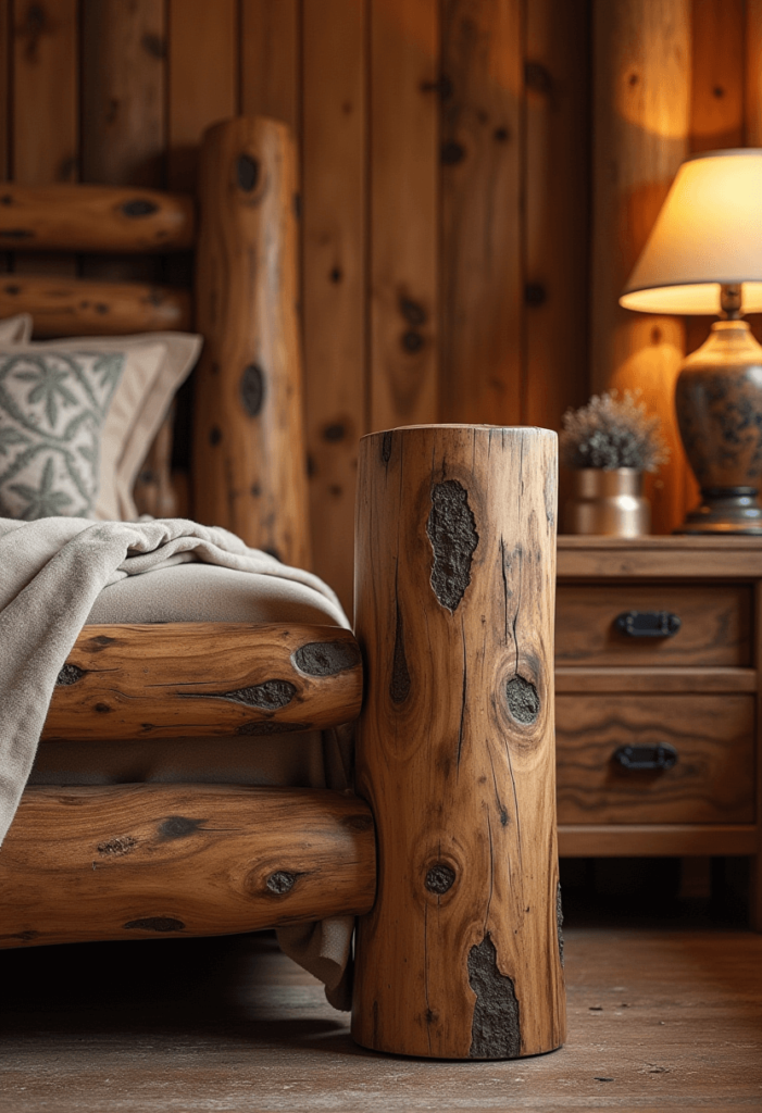 A Western bedroom showcasing chunky, handcrafted furniture, including a large wooden bed frame and bedside tables, highlighting the unique craftsmanship and rustic appeal.