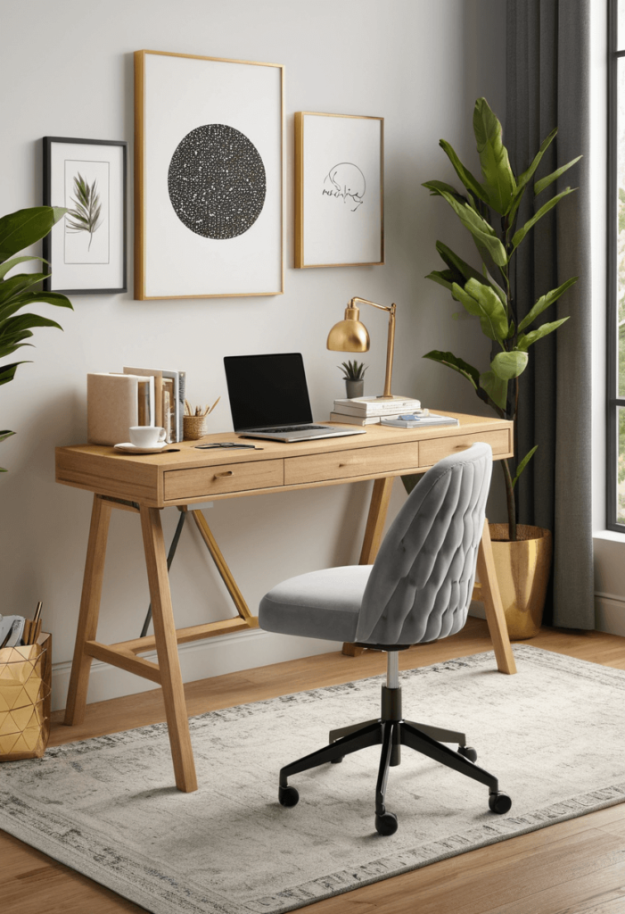 Chic dorm desk that includes a comfortable and stylish desk chair, blending aesthetics and comfort for an inviting study area.