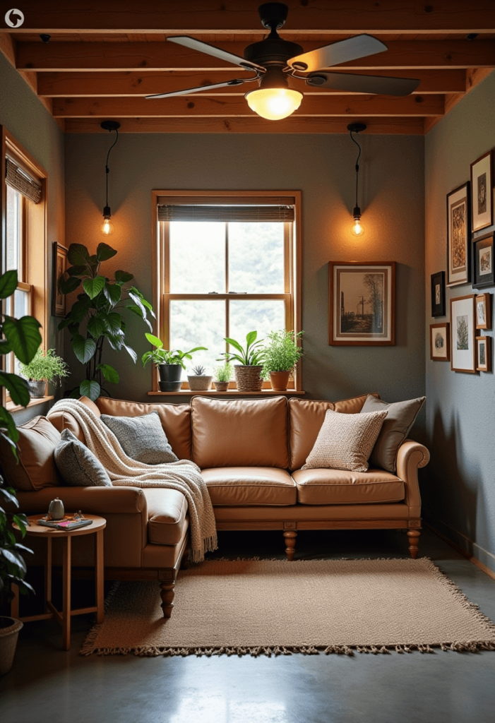 A cozy nook within a garage workshop featuring comfortable seating, soft lighting, and personal decor elements like plants and artwork.