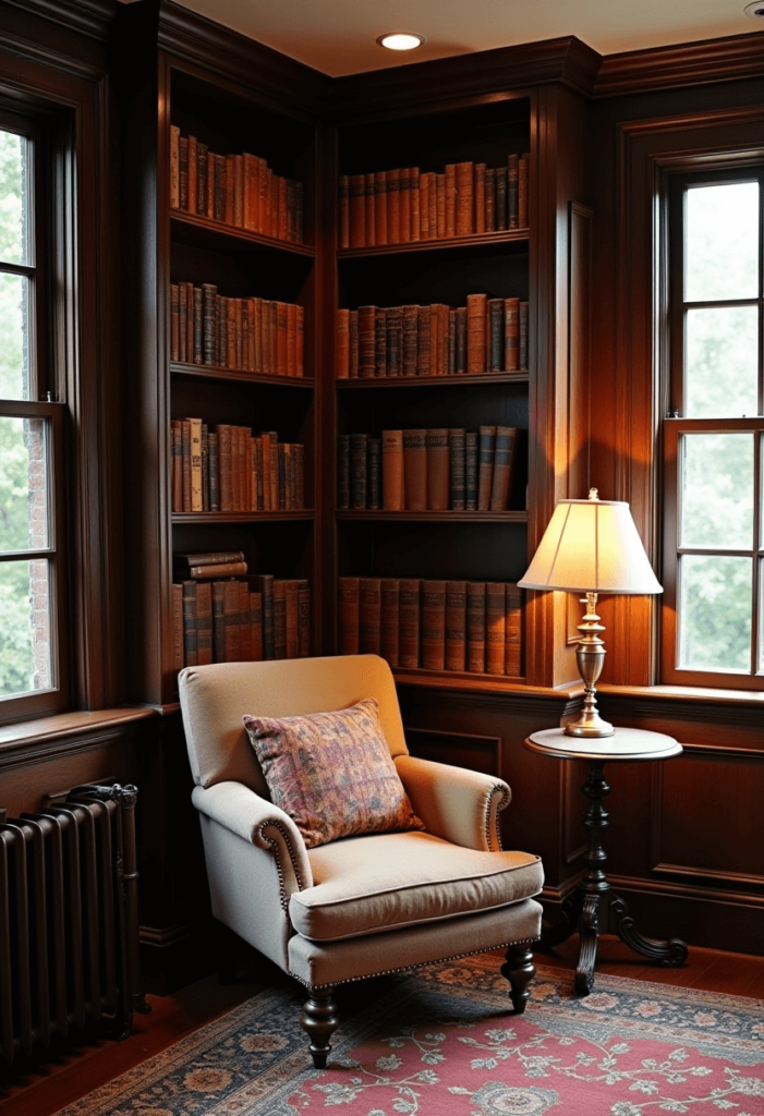 A cozy reading nook within a Colonial living room, featuring a classic armchair, a side table with a lamp, and bookshelves filled with vintage books, inviting relaxation.