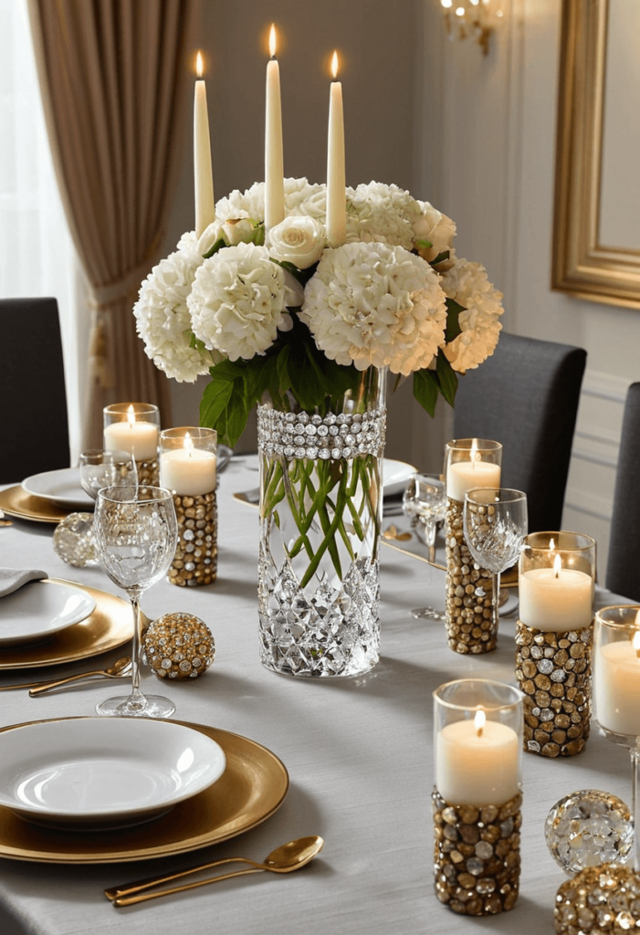 An elegant dining table featuring a stunning centerpiece with a crystal vase of contrasting flowers, decorative stones, and softly lit candles, enhanced by beautiful dinnerware.