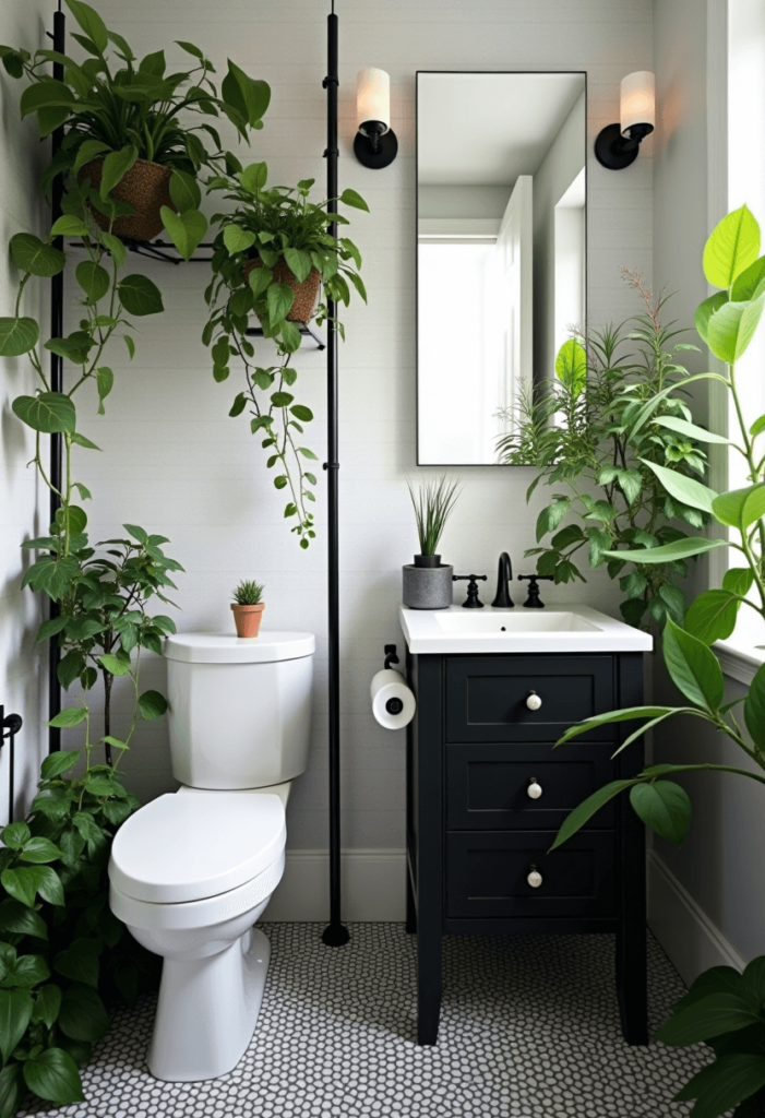 A vibrant black and white bathroom featuring lush green plants, showcasing the refreshing contrast of foliage within the monochrome decor.