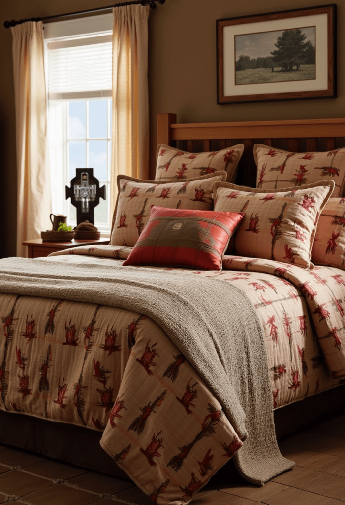 A Western-themed bed adorned with bedding featuring cowboy prints and Native American designs, complemented by decorative pillows and a cozy throw blanket.