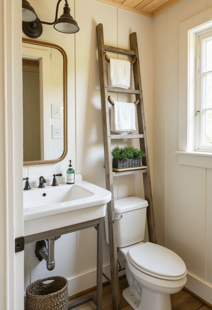 Charming small cabin bathroom showcasing vintage decor touches like an antique mirror, vintage light fixtures, and a rustic towel ladde