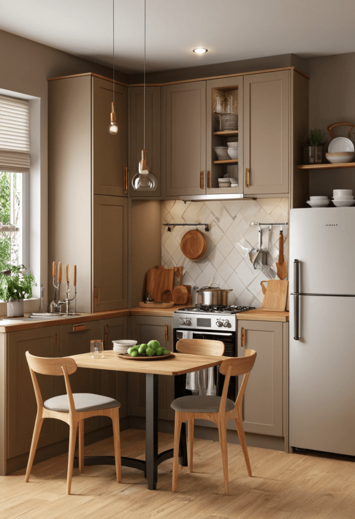 Small kitchen featuring warm taupe cabinets, wooden accents, and a cozy table setting, creating a unique and inviting atmosphere