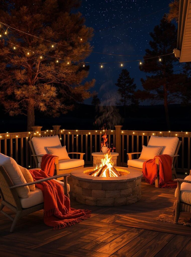 Cozy backyard fire pit with chairs and warm blankets under a starry night.